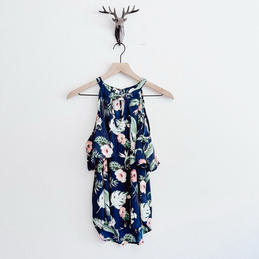 Women's Sienna Sky Navy Green Pink Floral Cold Shoulder Blouse XS